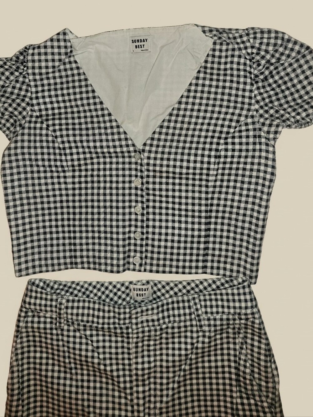 Sunday Best Green & White Gingham Button-Front Crop Top and Matching Pants